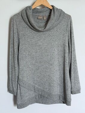 Chico’s Grey Heathered Cowl Neck Crossover Hem Long Sleeve Sweater Size 1